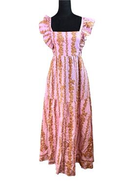 Kivari Pink Gold Floral Long Sundress Size 6 Linen Blend Boho Fairy Festival